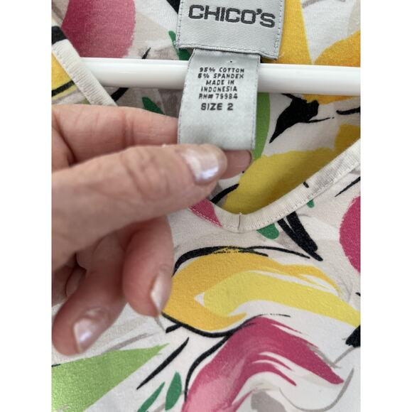 Chico's Womens 2 (12-14) Cotton V Neck Abstract FloralT Stretch Casual - Picture 3 of 3